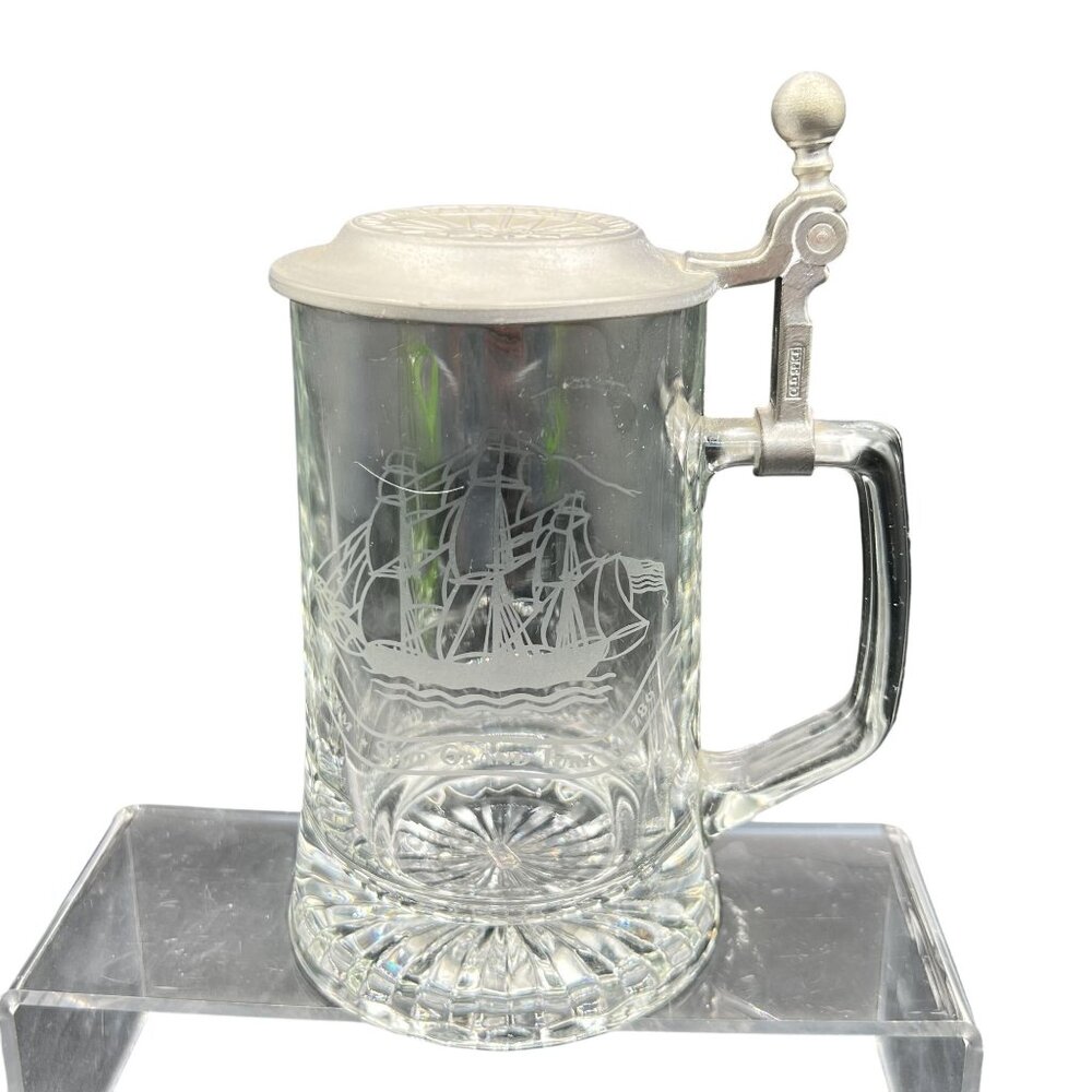 Vintage Old Spice Glass Beer Stein Pewter Lid Etched Sailboat By ALWE W-Germany